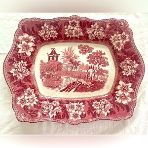 Antique Blue Willow Pattern Serving Plate In Red & White by John Steventon